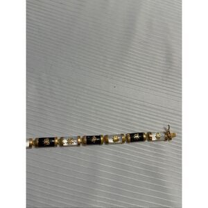 ONYX MOTHER OF PEARL GOLD VINTAGE BRACELET ORIENTAL MOTIF 8 Symbols